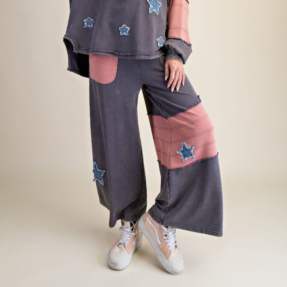 EASEL STAR PATCH DETAILING WASHED TERRY PANTS NWT S M L